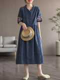 Patcute  Women Cotton Linen Casual Dress New Arrival  Summer Vintage Style V-neck Floral Embroidery Loose Ladies Long Dresses B1808