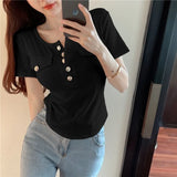 Patcute  2024 Women's Summer Fashion Versatile Solid Color Round Neck Button Pocket Temperament Short Sleeved Slim Fit Short T-shirt Top