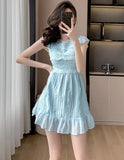 Patcute  2024 New Summer Blue Chiffon Holiday Dress Fashion Sweet Women O Neck Short Sleeve Ruffles Fold Slim Waist Party Midi Clothes