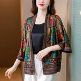 Patcute Spring/Summer New Silk Printed Bat Sleeves Wide Lady Short Coat Women's Satin Cardigan Mom's Sunscreen Shawl Jacket