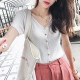 Patcute Mishow Women Tops Summer New Fashion Knitted Casual Tee Slim Single Breasted Short Sleeve Solid V Neck T-shirt Female MX19B5228