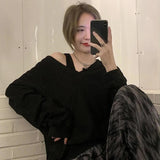 Lazy Style Long Sleeve Loose Tops Women Korean Off Shoulder Sweatshirts + Thin Solid Vest Woman Sexy V-Neck All-Match Pullovers