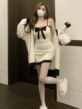 Patcute Winter Bow Design Kawaii Knitted 2 Piece Dress Set Woman Casual Sweater Cardigan Korean Style Sexy Club Party Dress Chic