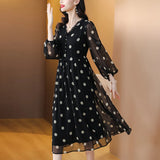 Patcute Black Silk Long Sleeve O-Dot Printed Bubble Sleeve Dress for Women's Spring/Summer New French Sweet Waist Silk Long Skirt