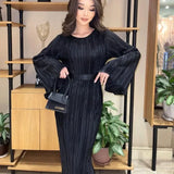 Patcute  Europe and The United States Dresses Women's Models Fall New Round Neck Tie Flare Long-sleeved Long Section Pleated Long Skirt