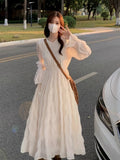 Patcute Spring and Autumn New Women's White Beach Dress Waist Pleated Holiday Long Sleeve Chiffon Dress