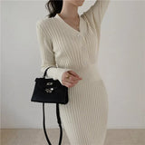 Patcute  Early Spring New Women's Clothing 2023 Sweater Dress V-Neck Button Knitted Long-Sleeved Dress Slim Fit Inner Long Skirt