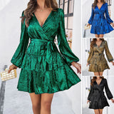 Patcute  High Quality Women Clothing 2024 Spring Summer Temperament Solid Long Sleeved Ruffled Lace Up Dress V-neck Shiny Sexy Dress Y2k