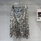 Patcute  2024 Spring and Summer New European and American Silver Large Sequined Street Fashion Hot Girl Mid-Length H Skirt Women's Skirt