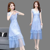 Patcute Elegant V-Neck Solid Color Gauze Spliced Embroidery Lace Dress Women's Clothing 2024 Summer New Loose Office Lady Party Dress