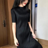 Patcute  Women Elegant Pleated Dress Summer Loose Turtleneck Short Sleeve Long Dress Korean Fashion Party Vestidos Aesthetic Clothing