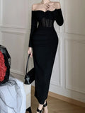 Patcute Sexy Black Slit Dress Women Slash Neck Long Sleeve Mesh Autumn Winter Evening Runway Party Club Dresses Slim Robe Mujer Vestidos