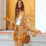 Patcute Women Cardigan Boho Blouse and Shirt Yellow Floral Print Kimono Sleeve Summer Blouses Beach Wear Hippie Blouse Blusa