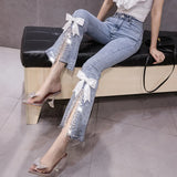 Patcute  Vintage  Summer Mom Jeans Bead Diamond Chain Bow Jeans Women's Elastic High Waist Flare Jeans Pants Women