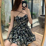 Patcute  Retro Floral Dresses Women Sexy Slim Spaghetti Strap Lace Up Mini Dress Female Summer Holiday Beach Backless Empire Sundress