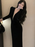 Patcute Sexy Deep V-neck Black Velvet  Dress Women Autumn Winter Vintage Solid Long Sleeve Prom Vestidos Evening Party Robe Female New