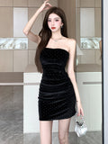 Patcute  Summer Black Velvet Diamonds Polka Dot Short Dress Women Elegant Chest Wrapping Sexy Club Dress 2024 Korean Luxury Evening Dress