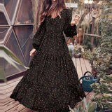 Patcute  Floral Chiffon Fashion High Quality Maxi Dress Boho Women V-Neck Retro Holiday Leisure Long Sleeved Beach Temperament Lady Robe