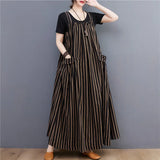 Patcute #3389 Summer Vertrical Striped Dress Women Pockets Loose Vintage A-line Dress Sleeveless Spaghetti Strap Dress Ankle-length