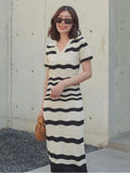 Patcute Korean Short Sleeve Knitted Dresses Women Elegant Knit Maxi Beach Dress Striped Sexy Bodycon Summer Long Dresses For Women 2024