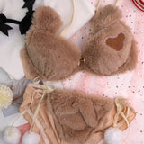 Patcute Womens Lolita Kawaii 2pcs Bra Panty Set Cute Bear Embroidery Fluffy Faux Fur Underwire Underwear Plush Ball Bow Japanese Anime L