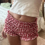 Patcute 90s Vintage Cottage Plaid Shorts Elastic Slim Fit Bloomers Pants Women Kawaii Loungewear Fairy Retro Y2K Cute Knickers Bottom