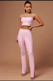 Patcute   New Fashion Pink Color Women Sexy Mesh Crystal Tops Bandage Pants 2 Pieces Bodycon Set High Street Evening Party Set