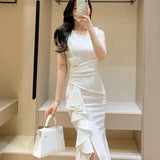 Patcute Summer New Fashion Korean Style Sleeveless White Dress Women Elegant Office Ladies Ruffle Solid O-neck Slim Fish Tail Long Dress