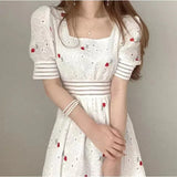 Patcute  Dress Women's Summer New Sweet Embroidery Square Neck Hollow A-line Dress Waist Puff Sleeve Mid-length Dress