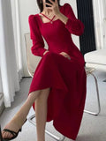 Patcute  Korean Fashion Women Vintage Casual A-Line Party Dress Elegant and Chic Solid Birthday One Pieces Vestidos Red Prom Female Robe