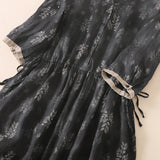 Patcute Limiguyue Black Printed Dress Summer Thin V-Neck Drawstring Women Maxi Long Dress Vintage Bohemian Pleated Vestidos Lapel  J457