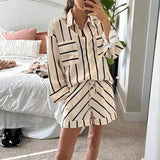 Patcute Contrasting Patchwork Long Sleeved Outfits Fashion Lapel Button Shirt + Shorts Set Spring Summer Casual Striped Print Women Suit