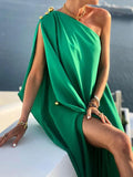 Patcute  Women Sexy Off Shoulder Boho Long Dress Elegant One Shoulder Loose Party Dress Summer Fashion Button Solid Beach Maxi Dress