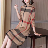 Patcute  Winter Women's Wool Knitted Dress Striped Half High Collar Vintage Fashion Thick Sweater Style Female Clothing