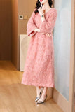 Patcute New Spring/Summer 2024 Pink Velvet Silk Flower Decorative Long sleeved Dress with V-neck Loose Large Size Slim Knee Length