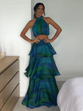 Patcute Printed Halter Top & Ruffles Half Skirt Set Fashion Crop Pullover And Long Skirts Suit 2024 Spring Summer Holiday Dress Bohe