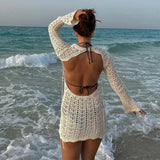 Patcute Vintage Crochet Flower Hollow Out Dress Cover-Ups Chic Women Sexy Knit Backless Tie-up Mini Dress Summer Beach Holiday Bodycon