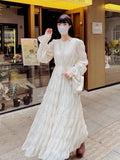 Patcute Spring and Autumn New Women's White Beach Dress Waist Pleated Holiday Long Sleeve Chiffon Dress