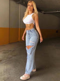 Patcute  Women Wide Leg Streetwear Baggy Ripped Jeans Lady Blue Y2K Punk Loose Oversize Hole Denim Pants Vintage Distressed Light Trouser