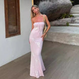 Patcute Rose Knitted Maxi Dress Women Sexy Strapless Summer Dress Elegant Sleeveless Holidays Party Wedding Bodycon Dress 2024 Pink