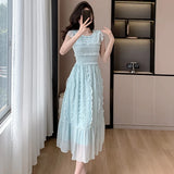 Patcute  2024 New Summer Blue Chiffon Holiday Dress Fashion Sweet Women O Neck Short Sleeve Ruffles Fold Slim Waist Party Midi Clothes