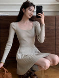 Patcute Elegant Solid Knitted Dress Women Long Sleeve Square Collar Autumn Winter Base Slim Dresses Korean Simple Pleated Vestidos New