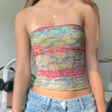 Patcute Summer Boho Bandeau Vest Cute Hiking Outfits Preppy Style Fitness Girl Strapless Tube Tops Graphic Print Off Shoulder Crop Tops