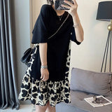 Patcute Summer Sweet Printing Patchwork O-neck Short Sleeve Oversized Midi Dress Femme Korean Loose Pleated Pullover T-Shirt Dresses