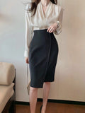 Patcute Two Piece Shirt Long Sleeve Satin Top High Waist Asymmetric Short Skirt Suit Sexy Pack Hip Slit Skirt Two Piece Office Dress