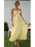 Patcute Strapless Yellow White Summer Dress for Women Elegant Holiday Beach Boho Maxi Long Sundress Backless Sexy Party Vestidos