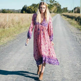 Patcute  Super Chic pink floral bohemian style long dress women long sleeve rayon autumn dress tassle V-neck boho dress