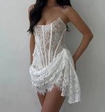 Patcute White Lace Strapless Sexy Dress For Women  Robes Elegant Evening Party Dress Bodycon Mini Summer Dress Vestidos