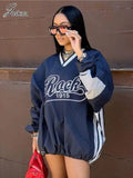 Patcute Letter Print Oversized Sweatshirt Women Casual V-Neck Long Sleeve Drawstring Loose Tops 2024 Spring Harajuku Streetwear