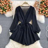 Patcute  Sexy Puff Sleeve Jumpsuit Lace-up korean Fashion playsuit One Piece Women Wide Leg Shorts Bodysuit  Beach vacation boho Bodysuit